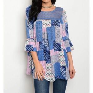 Patchwork Blue & Red Mixed Print Top Bell Sleeves Pullover Size M